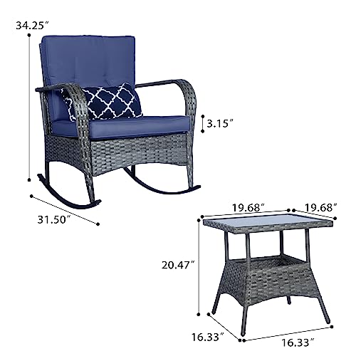 ENSTVER 3 PCS Outdoor Conversation Rocking Chair Set,Patio Bistro Set with Thickened Cushions&Coffee Table, Porch Wicker Furniture Set for Backyard (Blue)