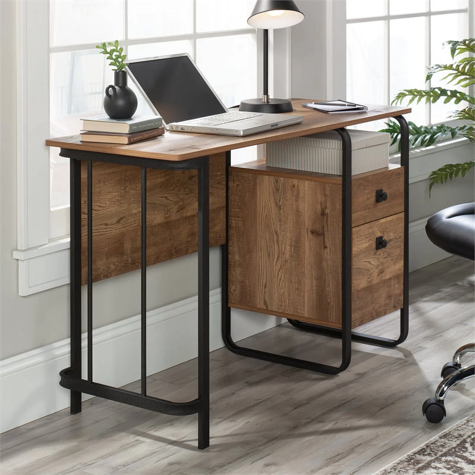 UrbanPro Modern Engineered Wood and Metal Desk in Etched Oak