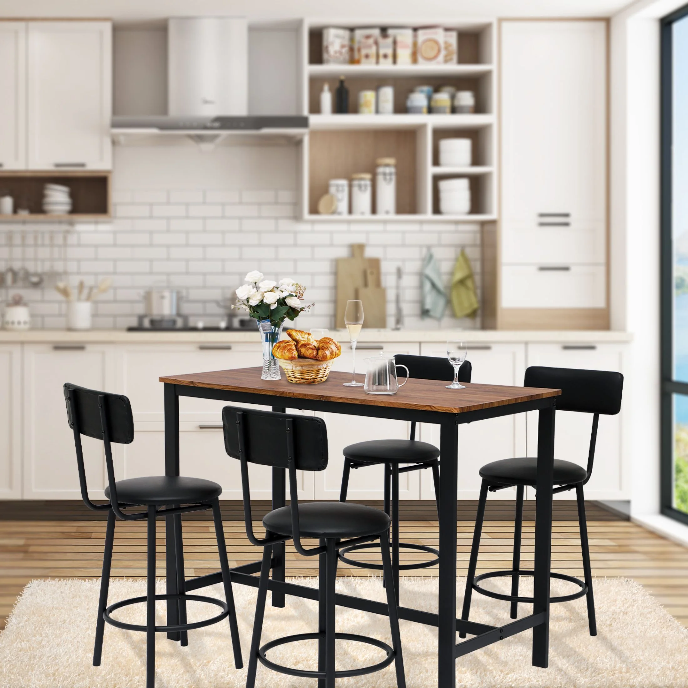 TPHORK Bar Table and Chairs Set for 4, 5 Pieces Kitchen Pub Table with 4 Upholstered Stools, Bar-Height Dining Table and Chairs Set, Space Saving Furniture Set for Kitchen,Living Room,Bar,Small Spaces