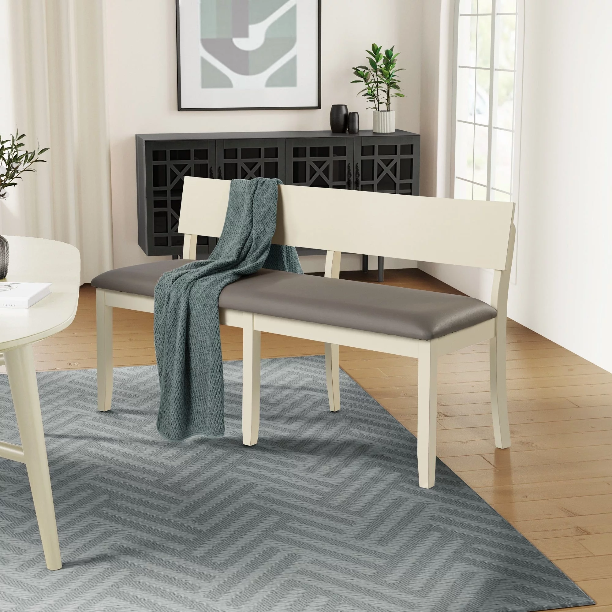 Boraam Capella Wood & Faux Leather Dining Height Bench in Buttermilk/Beige