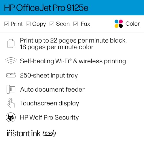 HP OfficeJet Pro 9125e All-in-One Printer, Color, Printer-for-Small Medium Business, Print, Copy, scan, fax,Touchscreen; Smart Advance Scan, 3 month Instant Ink trial included