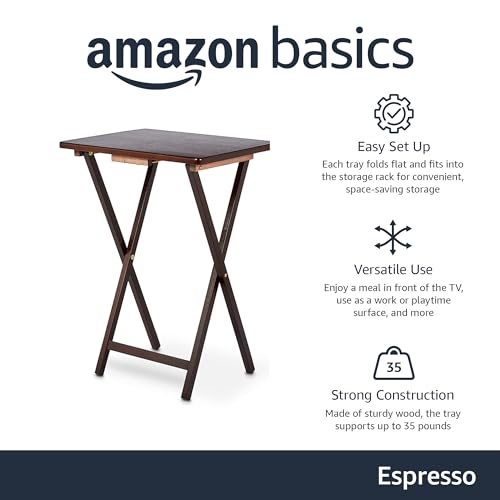 Amazon Basics Portable TV Dinner 4-Pack Rectangular Folding Tray Table with Storage Rack, Black, 15