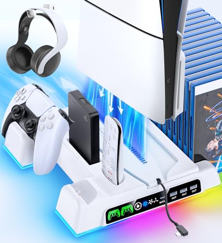 PS5/ Slim/Pro Stand for Disc & Digital Console, PS5 Cooling Station with Dual Controller Charging Station for PlayStation 5 Console, 3-Level Fan PlayStation 5 Controller Charger Accessories Stand