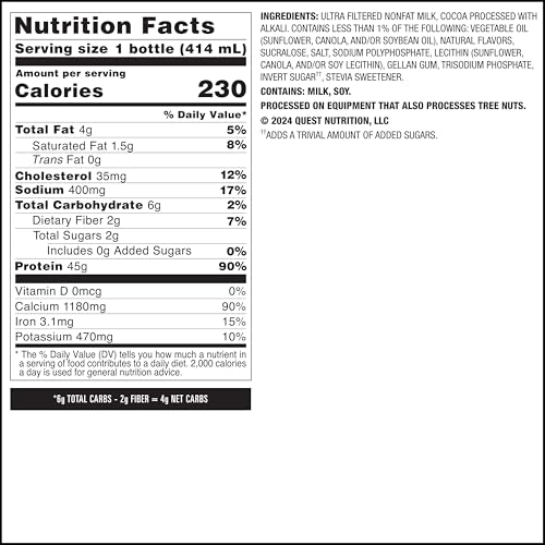 Quest Nutrition Chocolate Protein Shake, 45g Protein, 2g Sugar, 4g Net Carbs, Ready to Drink, Gluten Free, 12 Count