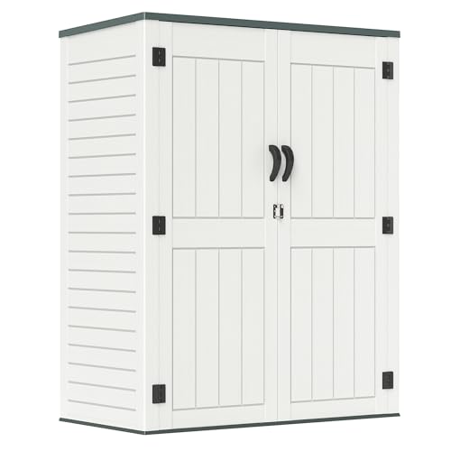 4.5 x 5.7 FT Outdoor Storage Shed, 59 Cuft Outside Waterproof Storage Cabinet, HDPE Resin Plastic 385 Gallon Outdoor Storage Container, Vertical Lockable Storage Shed, Light Grey