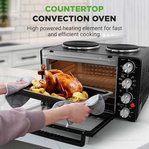 Nutrichef 30 Quart Kitchen Convection Oven & 2 Burner Cooker - 1500 Watt Oven - 7 Cook Functions Rotisserie, Cook, Bake, Broil & More - Includes Baking Tray, Skewers & Handles - 19.6 x 16.0 x 13.5 IN