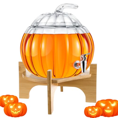 2 Gallon Glass Pumpkin Drink Dispenser for Fall Halloween Thanksgiving Party Supplies, Pumpkin Punch Bowl with Wooden Stand, Fall Autumn Glass Beverage Dispenser with Spigot