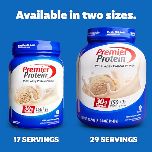 Premier Protein Powder, Vanilla Milkshake, 30g Protein, 1g Sugar, 100% Whey Protein, Keto Friendly, No Soy Ingredients, Gluten Free, 17 Servings, 23.3 Ounces