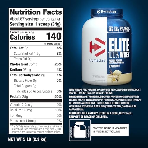 Dymatize Elite 100% Whey Protein Powder, Vanilla, 25g of Protein, 5.5g BCAAs, Less Than 140 Cal., Gluten Free, 2g Carb, 2g Sugar, 3g Fat (67 Servings)