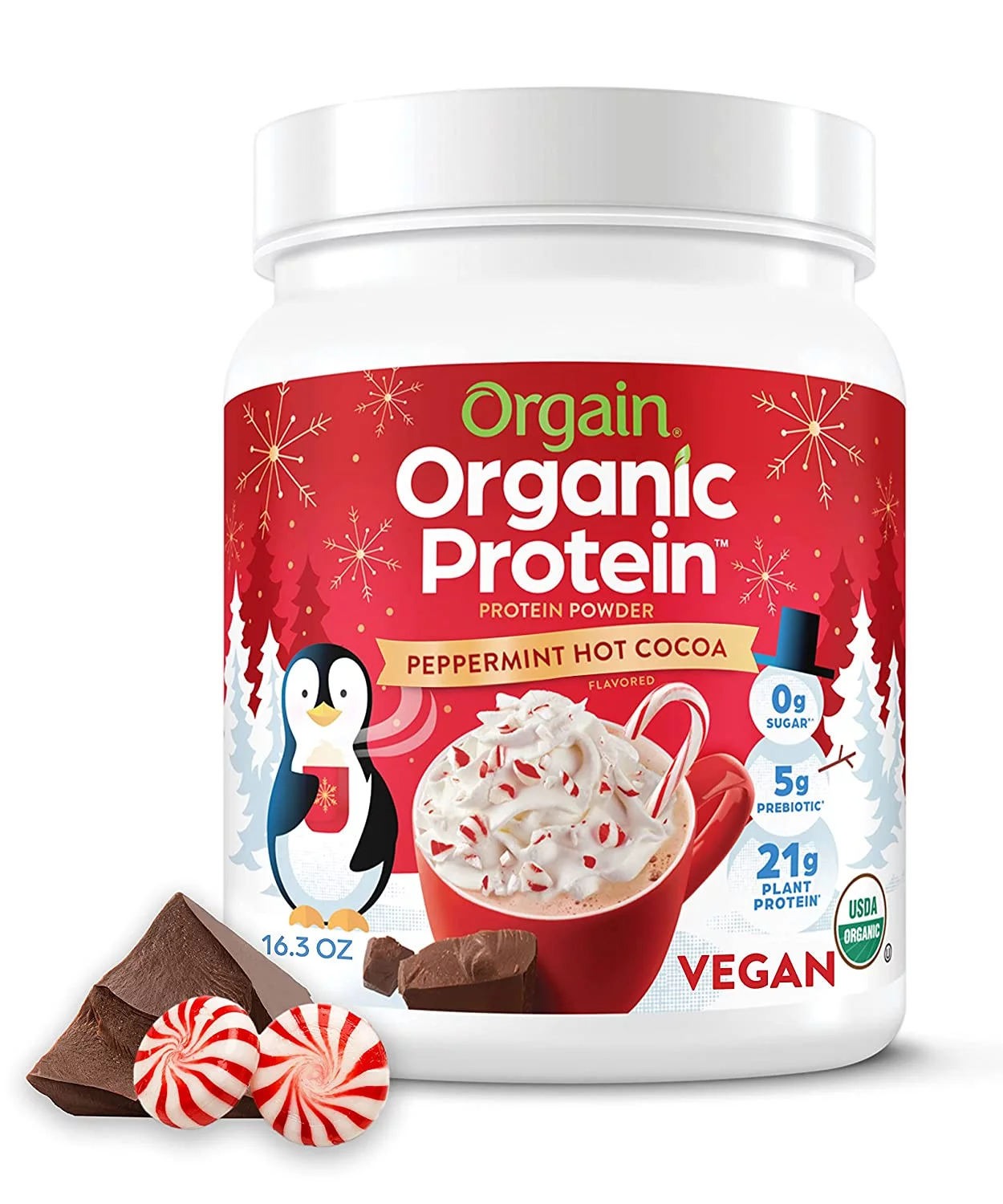 Orgain Organic Plant Based Protein Powder, Peppermint Hot Cocoa Seasonal Holiday Flavor - 21g of Protein, Vegan, Non Dairy, Gluten Free, 2g of Fiber, No Sugar Added, Soy Free, Non-GMO, 1.02 Lb