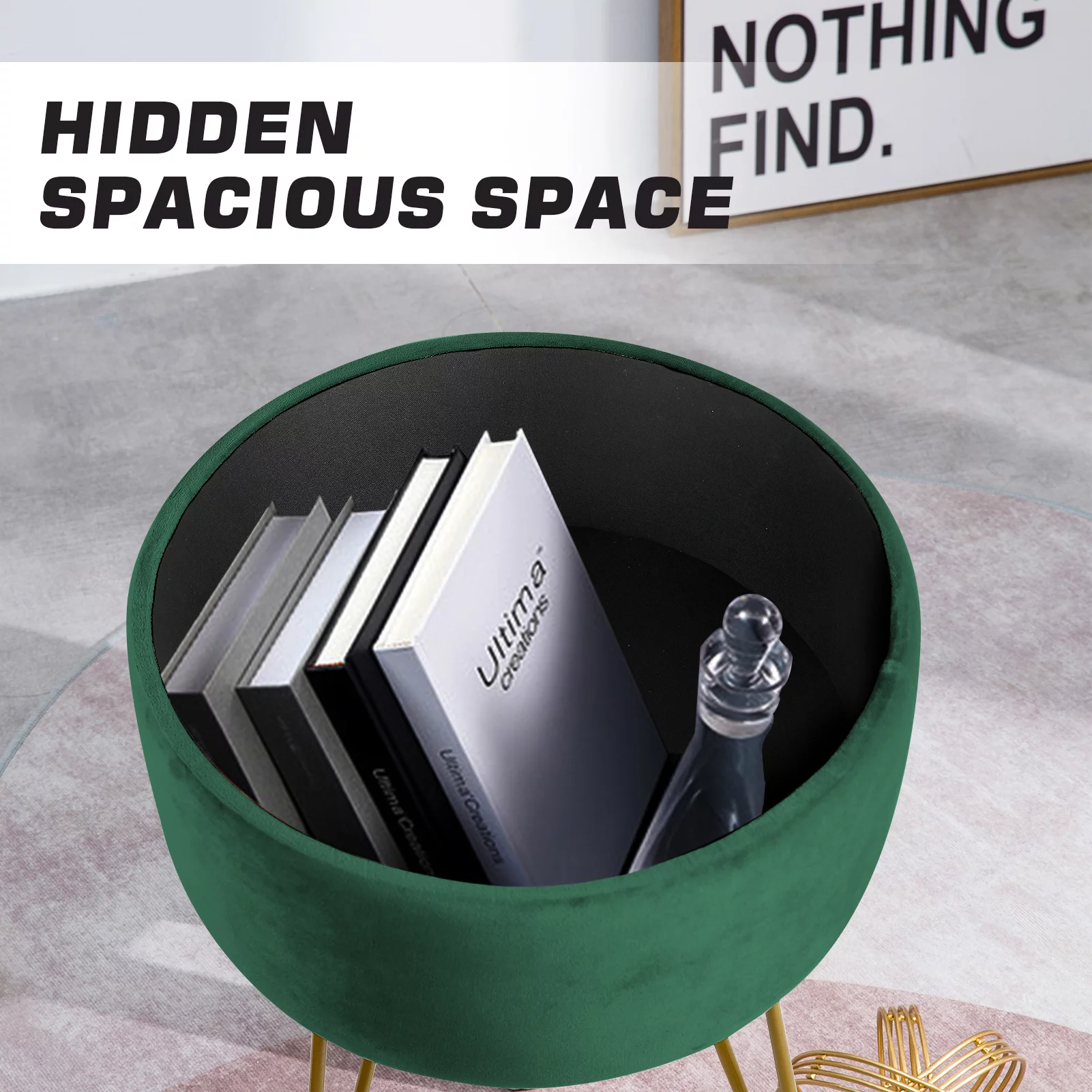 Hofitlead Velvet Round Storage Ottoman with Removable Lid - 13