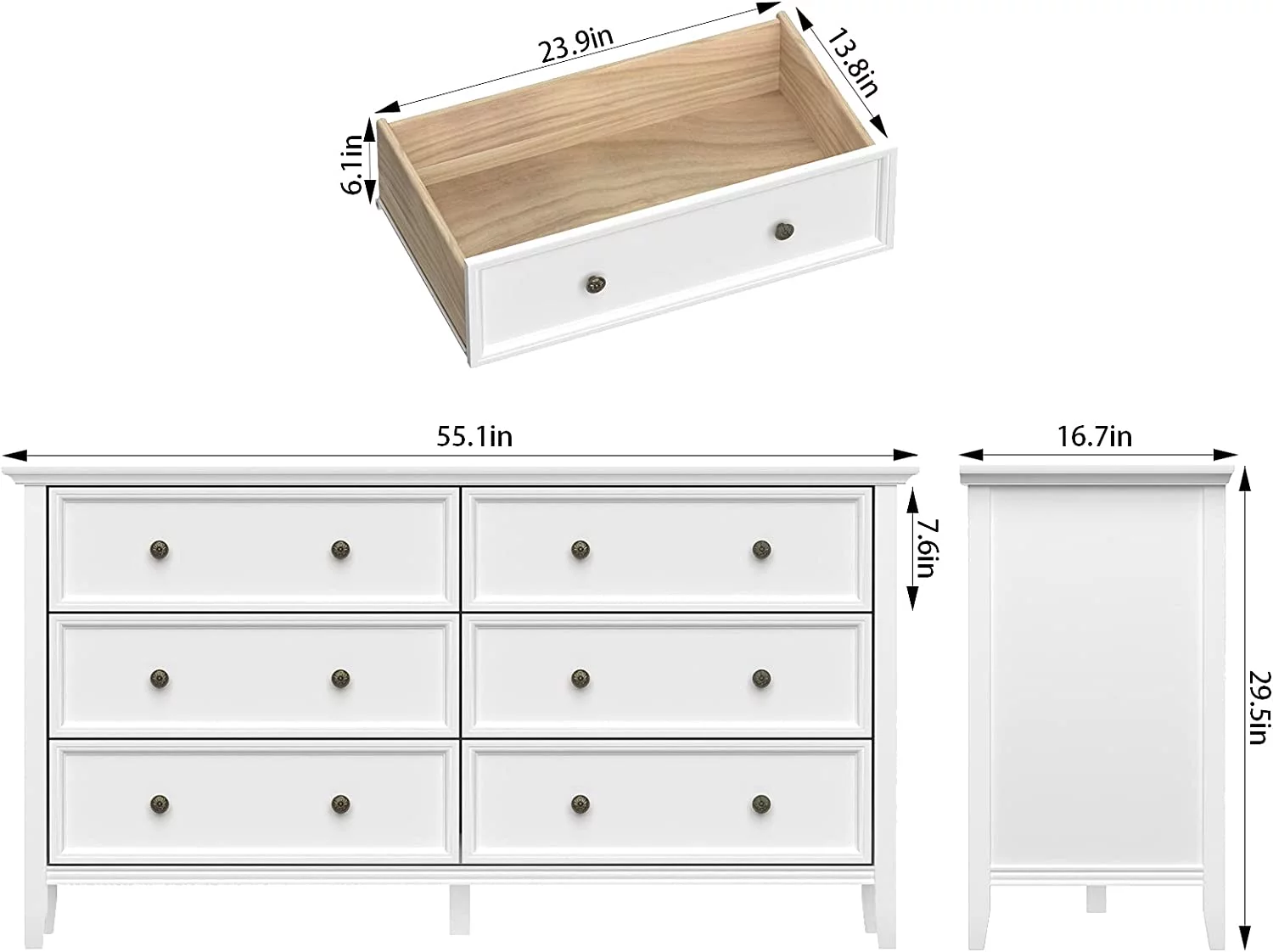 6 Drawer Double Dresser  55 inch Solid Wood Bedroom Dresser in White