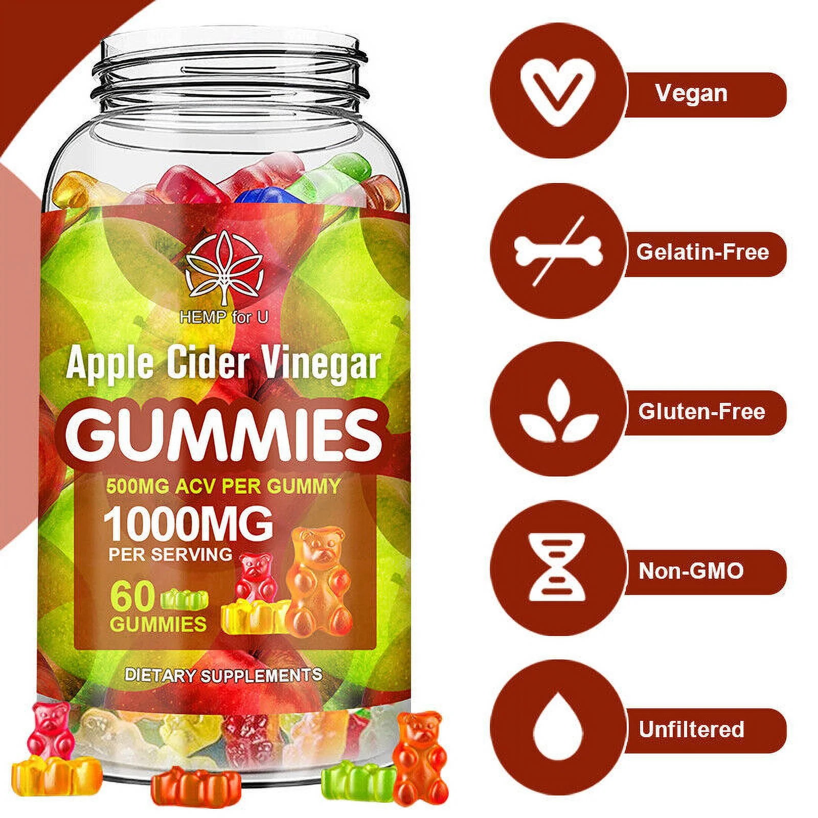 Weight Loss Apple Cider Vinegar Fat Burner ACV Keto Diet Supplements 60 Gummies