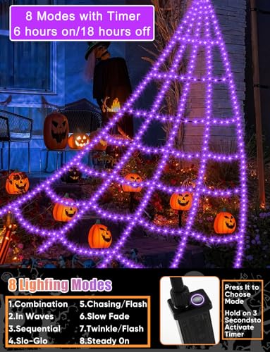 Halloween Decorations Outdoor Spider Web Lights - 16.4Ft Light Up Spider Web with 550 LEDs, Waterproof, 8 Modes Memory Function for Outdoor Yard Halloween Decorations (with Spider)