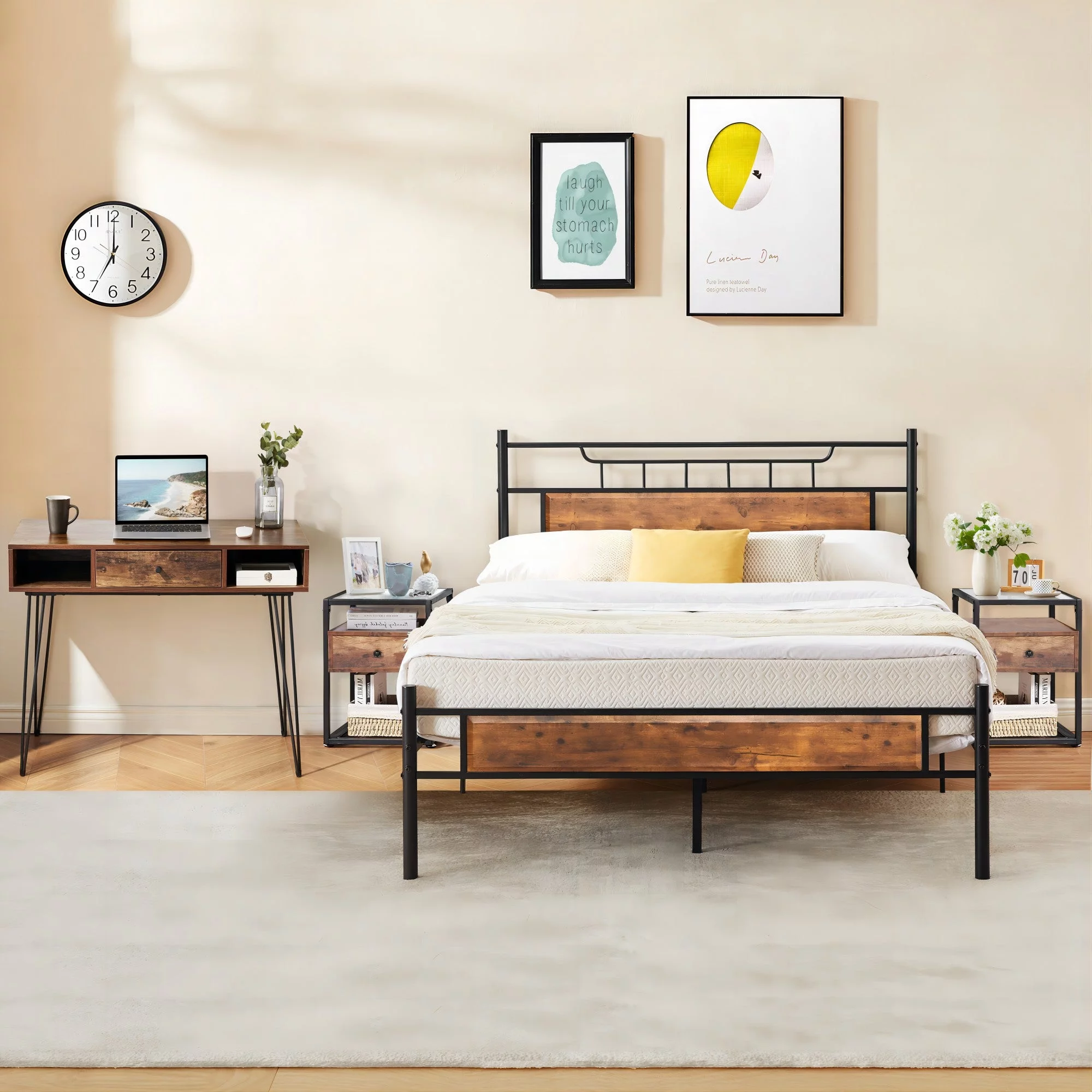 VECELO 4-Piece Bedroom Set with Queen Bed Frame & Cosmetic Table & Two Nightstands, Brown