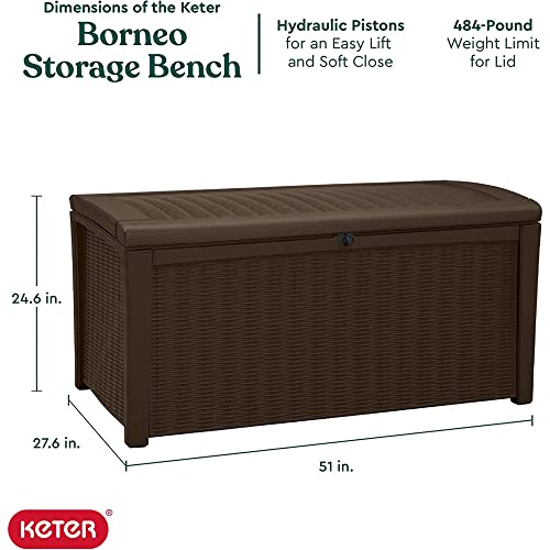 Keter Outdoor Storage Deck Box, for Patio, Backyard & Garden, Borneo, 110 Gallon, Brown - Lockable, Organizing, and Waterproof Plastic Container Bench