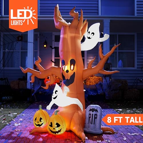 Joiedomi 8 FT Halloween Inflatable Scary Tree with Ghost Decorations, Pumpkin and Tombstone, Blow Up Inflatables with Build-in LEDs for Halloween Party Indoor, Outdoor, Yard, Garden, Lawn Decorations