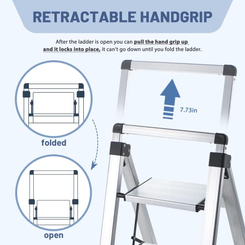 XinSunho 5 Step Ladder, Retractable Handgrip Folding Step Stool with Anti-Slip Wide Pedal, Aluminum Stool Ladders 5 Steps, 330lbs Safety Household Ladder