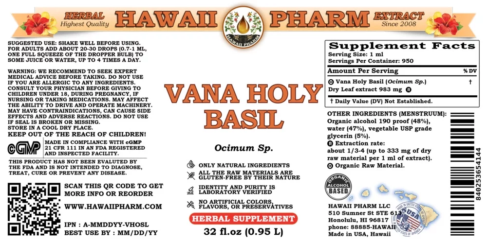 Vana Holy Basil (Ocimum Sp.) Dry Leaf Liquid Extract Tincture. Expertly Extracted by Trusted HawaiiPharm Brand. Absolutely Natural. Proudly made in USA. Tincture 32 Fl.Oz