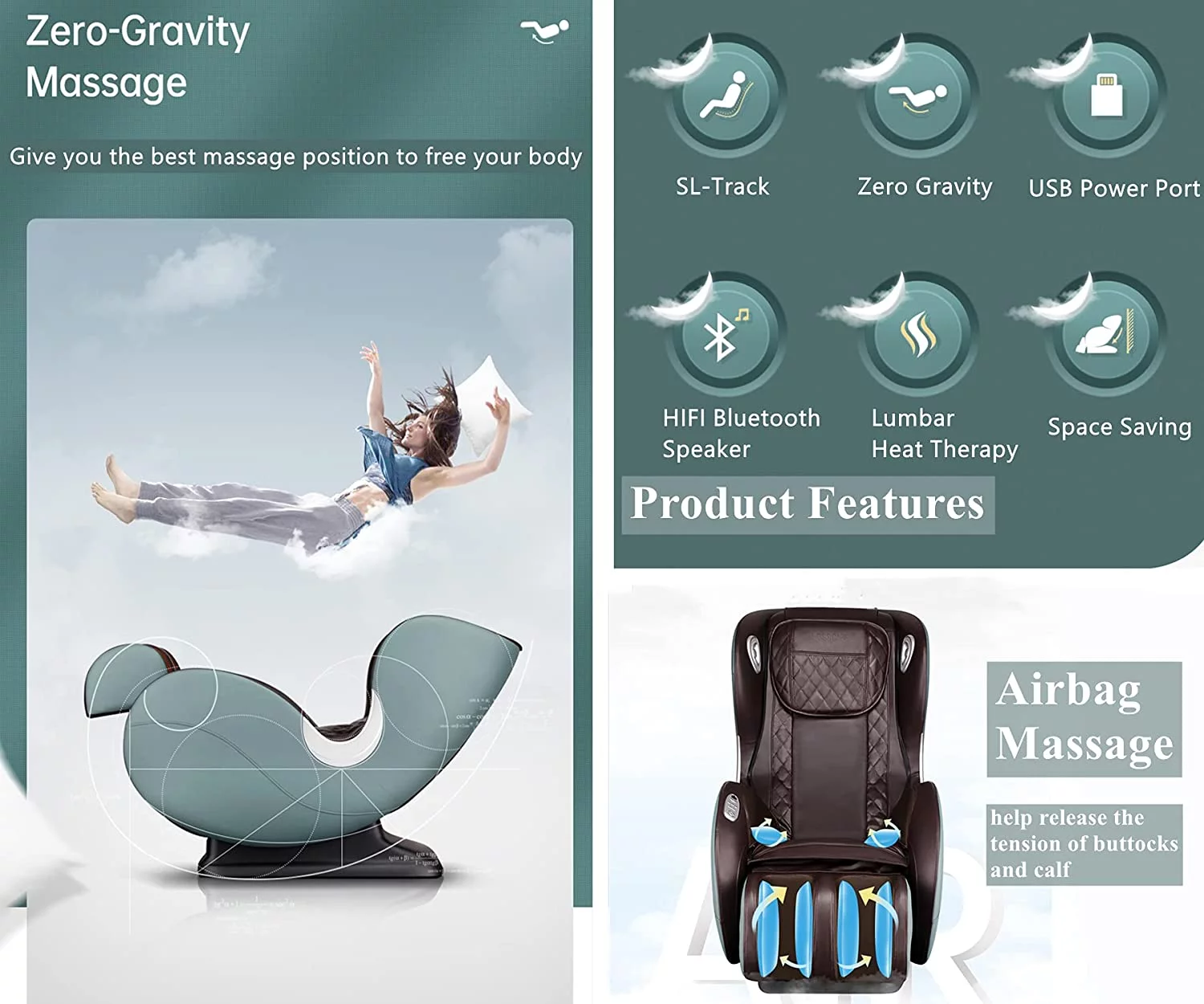 BOSSCARE Massage Chairs SL Track Full Body Zero Gravity Shiatsu Recliner whit Bluetooth Speaker Light Grey