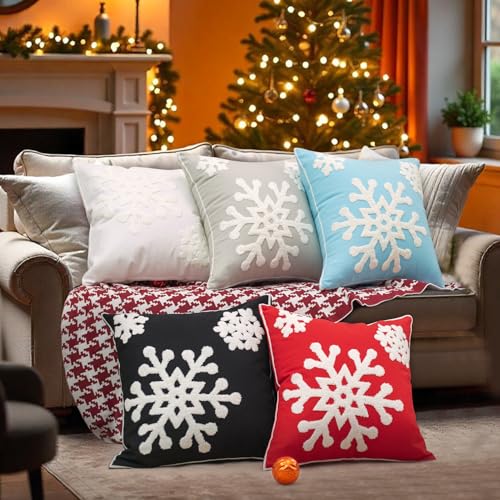 Elife 18x18 Soft Canvas Christmas Winter Snowflake Style Cotton Linen Embroidery Throw Pillows Covers w/Invisible Zipper for Bed Sofa Cushion Pillowcases for Kids Bedding (1 Pair, White)