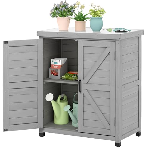 Outdoor Storage Cabinet & Potting Bench Table with Metal Top (Light Brwon, 39x31.5x17in)