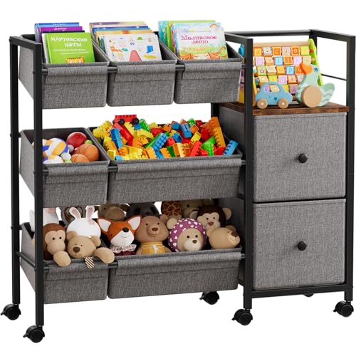 Kids Toy Organizers and Storage Bins - 7 Storage Bins + 2 Fabric Drawers + 1 Bookshelf, Playroom Storage, Mobile Cart Organizer for Toy, Clothes, Blankets and Books - Black