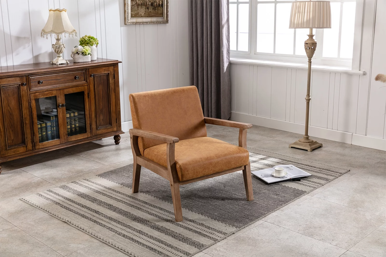 Guyou Wooden Accent Chair, Modern Faux Leather Upholstered Reading Armchair for Living Room Bedroom Study, Tan