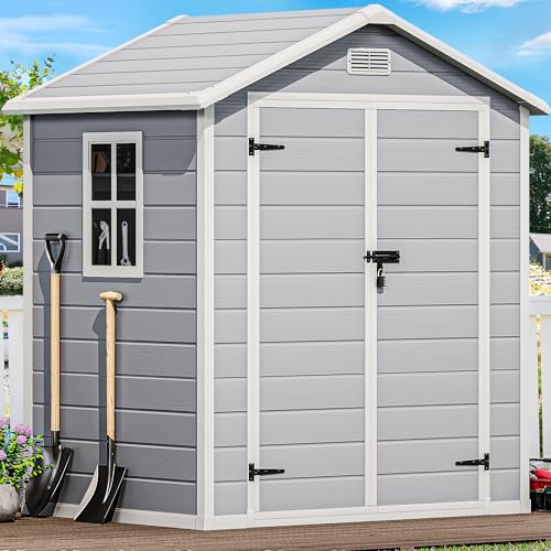 DWVO 5x3ft Resin Outdoor Storage Shed with Floor, Waterproof Lockable Storage Shed with Window, Plastic Outside Tool Storage for Garden, Backyard, Patio, Lawn, Gray