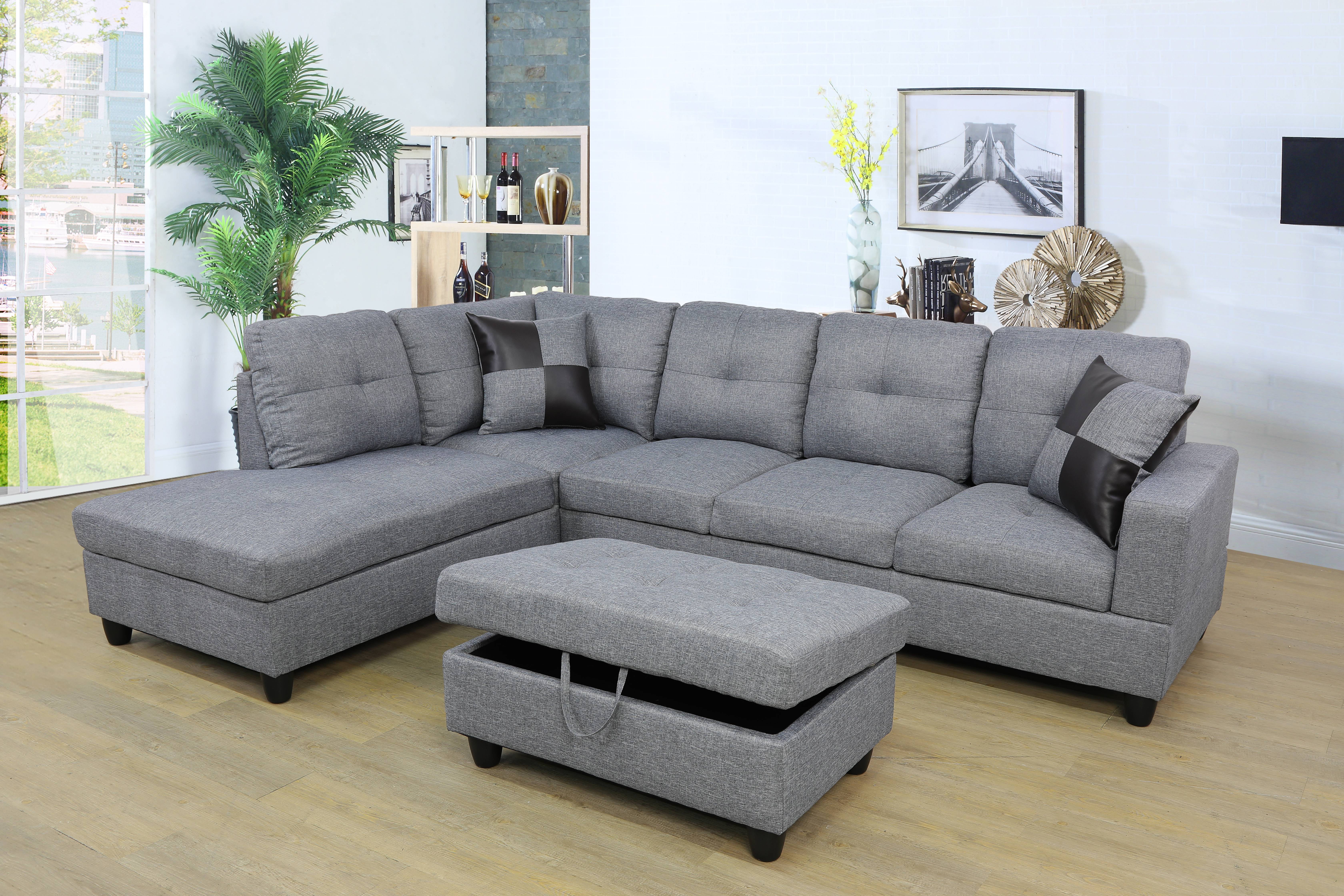 Golden Furniture 3 PCS L-Shaped Sectional Couch Sofa Set, Linen Fabric Living Room Set with Storage Ottoman and Match Pillows
