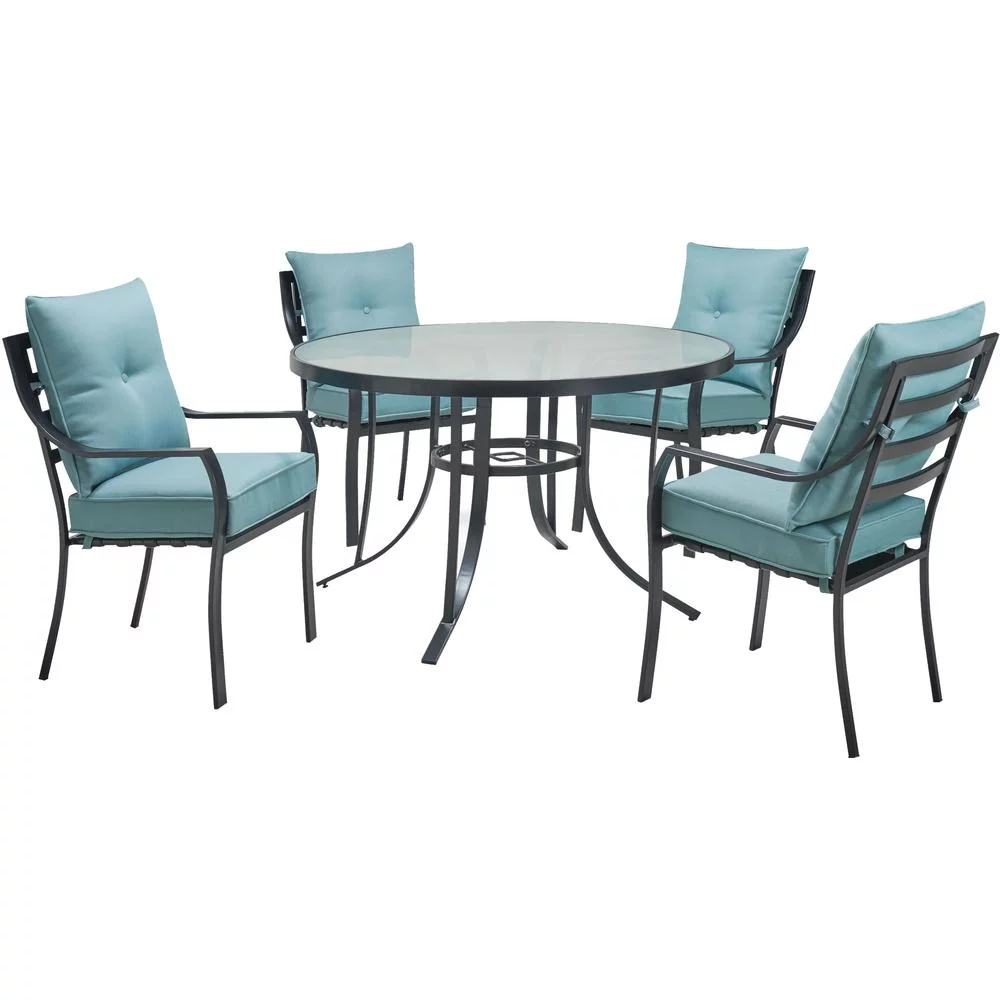 Hanover Lavallette 5-Piece Dining Set in Ocean Blue with 4 Stationary Chairs and a 52-In. Round Glass-Top Table