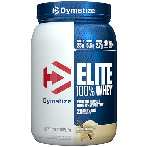 Dymatize Elite 100% Whey Protein Powder, Vanilla, 25g of Protein, 5.5g BCAAs, Less Than 140 Cal., Gluten Free, 2g Carb, 2g Sugar, 3g Fat (67 Servings)