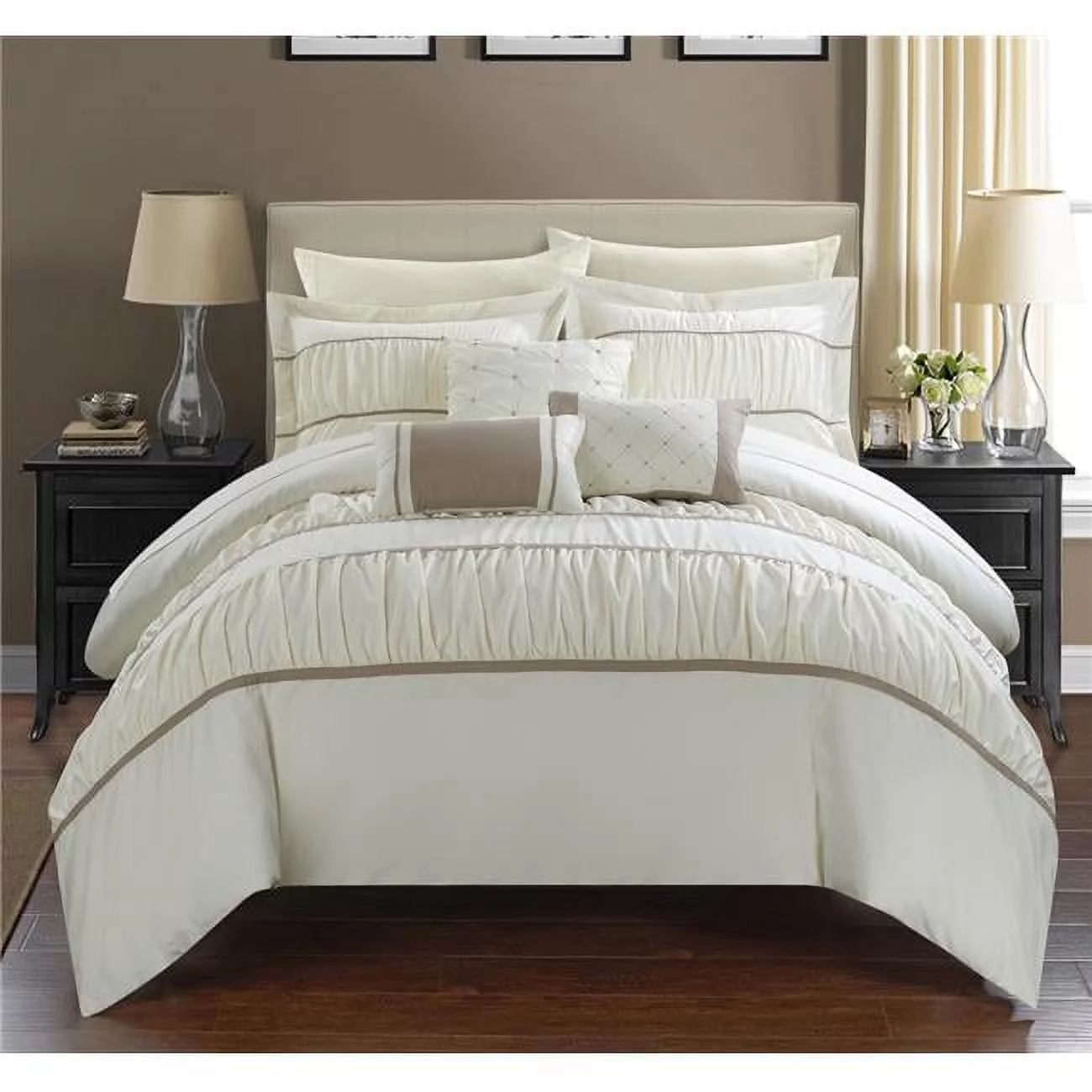 Chic Home  Penelope Pleated & Ruffled Bed in a Bag Comforter Set with Sheets - Beige - King - 10 Piece