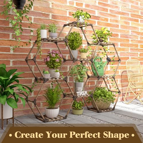Tikea Plant Stand Indoor Hexagonal Plant Stand for Multiple Plants Indoor Outdoor Large Wooden Plant Shelf Creative DIY 6 Tiered Flowers Stand Rack for Living Room Balcony Patio Window