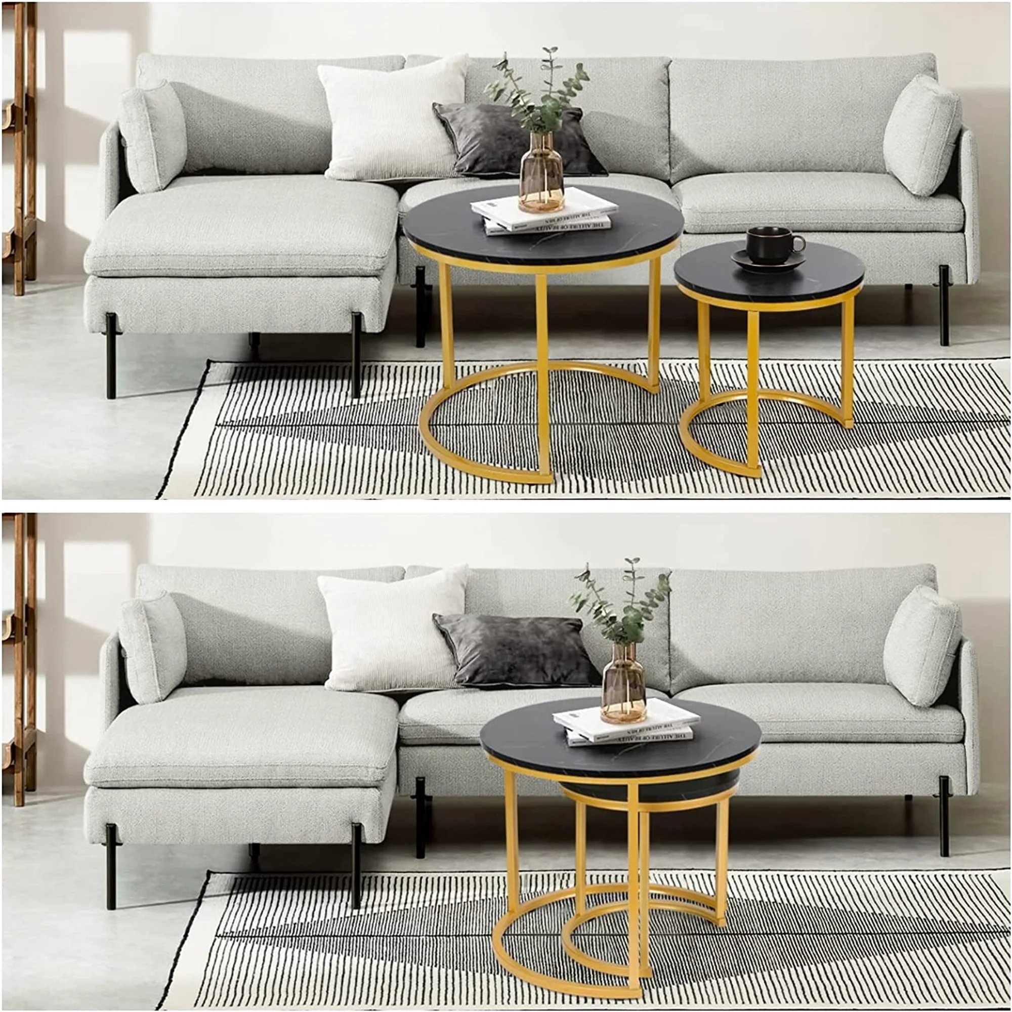 Modern Round Nesting Tables with Metal Frame (Set of 2) (White & Black)