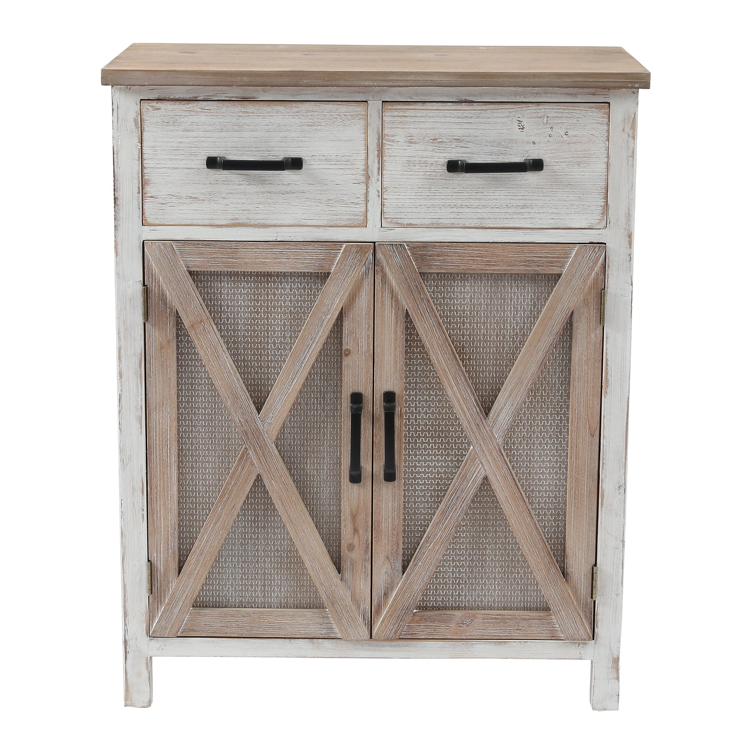 HomeStock Art Nouveau Allure White And Natural Wood 2-Drawer 2-Door Storage Cabinet