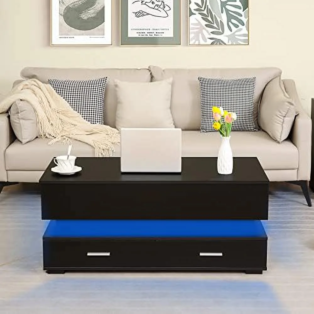 TJUNBOLIFE Lift Top Coffee Table  LED Coffee Table with Charging Station  21 Colors Change  2 Tiers Modern Tea Table with   Living Room   Rectangle Design  Black