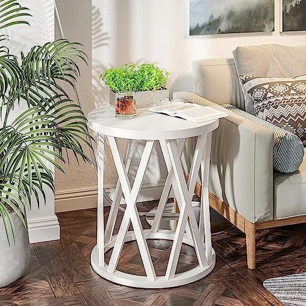 RUNFAYBIU Rustic Farmhouse End Table  Small Round  with X-Motifs Legs  Wood Textured Top  for   French Country Decor  Antique White