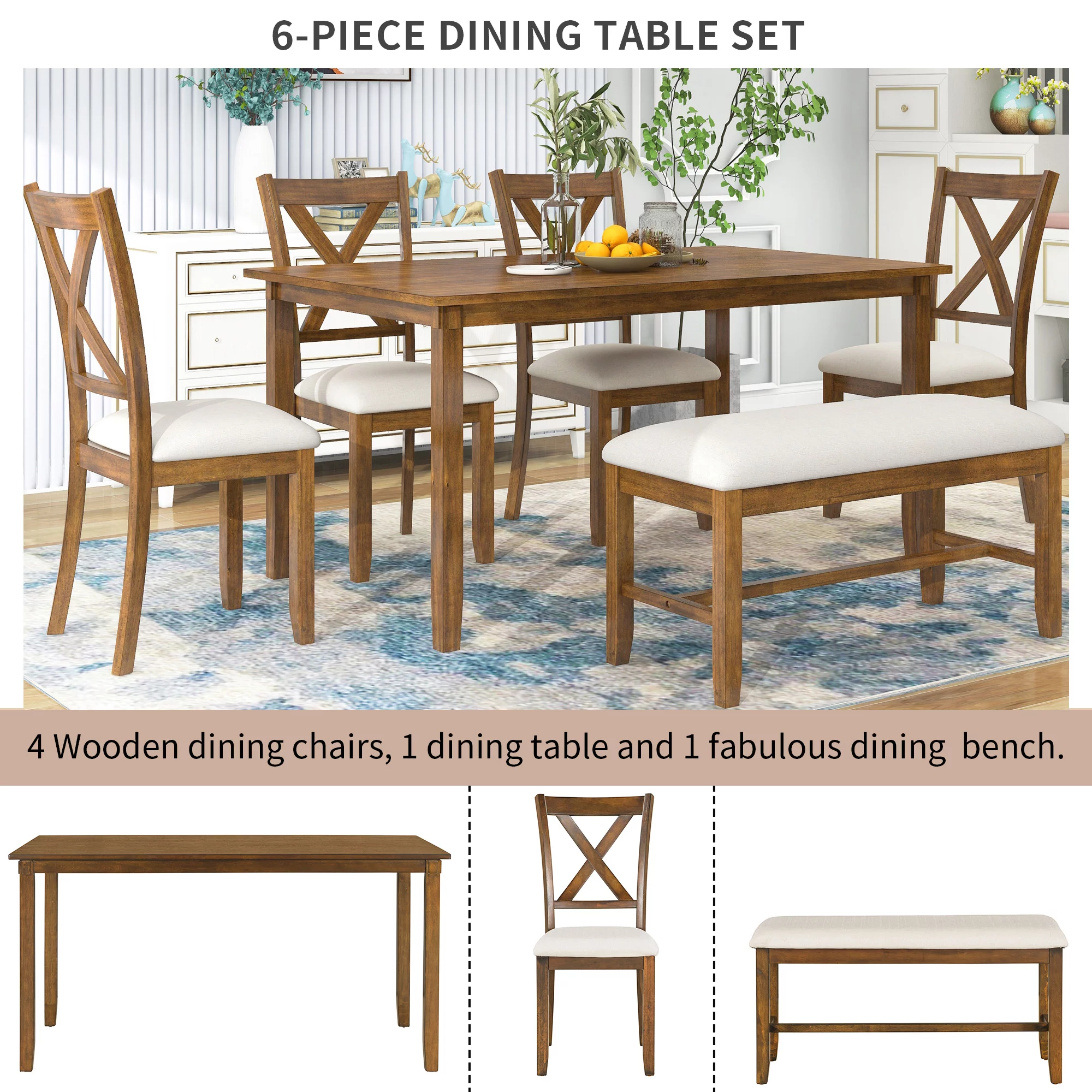 TREXM 6-Piece Kitchen Dining Table Set Wooden Rectangular Dining Table, 4 Fabric Chairs and Bench