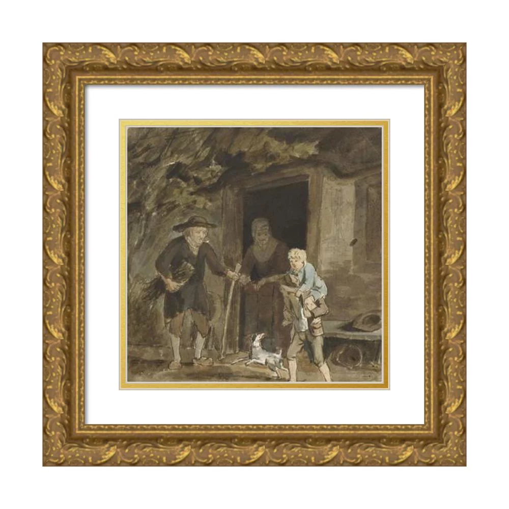 Simon Andreas Krausz 12x12 Gold Ornate Wood Frame and Double Matted Museum Art Print Titled - Farmer's Family Near the Door of Their Home (1770 - 1825)