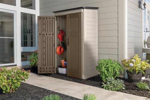 Rubbermaid Vertical Resin Outdoor Storage Shed With Floor (4 x 2.5 Ft) Weather Resistant Beige/Brown Organization for Home/Backyard/Pool Chemicals/Toys/Garden Tools/Porch/Patio Cushions