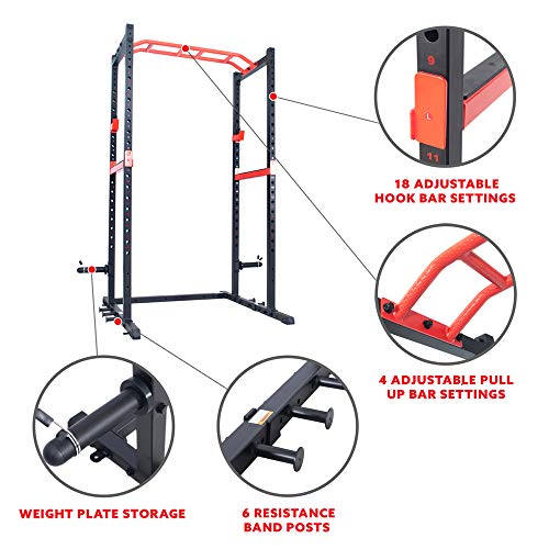Sunny Health & Fitness Power Zone Strength Rack Power Cage - 1000 LB Weight Capacity, Spotter Bar, Angled Pull-Up Bar, J-Hooks, Resistance Band Pins, Optional LAT Pull Down
