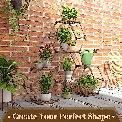 Tikea Plant Stand Indoor Hexagonal Plant Stand for Multiple Plants Indoor Outdoor Large Wooden Plant Shelf Creative DIY 6 Tiered Flowers Stand Rack for Living Room Balcony Patio Window