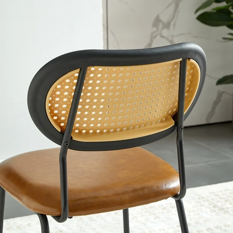 Mid Century Boho Rattan Dining Chairs Set Of 2, Stylish Upholstered Accent Chairs with PU Leather Cushion, Armless Side Chairs Brown