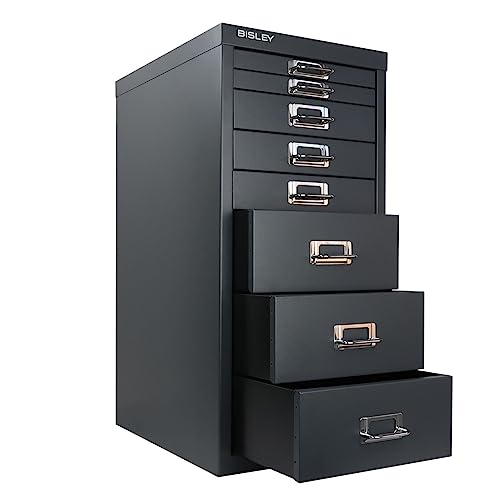 Bisley 10-Drawer Steel MultiDrawer Cabinet - Black, Chrome Pull Handles with Label Holders, Powder-Coated Steel, Removable Drawers, Fits Under Most Desks, Labels Included