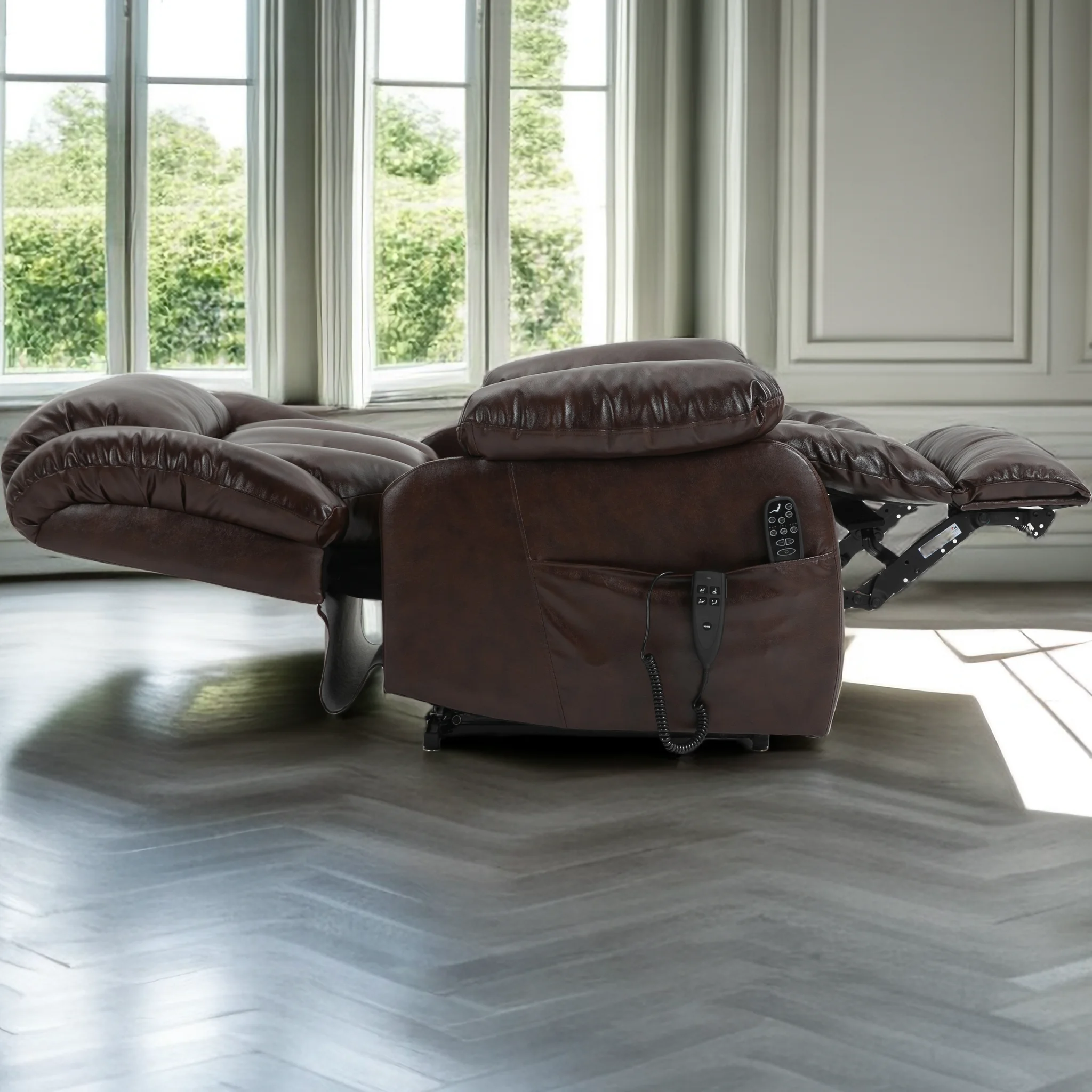 Oversized Dual Motor Lay Flat Power Lift Recliner Chairs for Elderly Adults,Deep Brown Leather Electric Recliners Chair with 8-Point Vibration Massage Lumbar Heating,2 Side Pocket,23