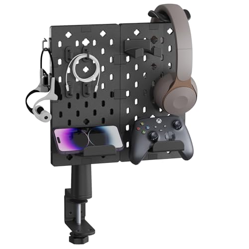 PEGZONE Modular Headphone and Controller Holder for Game, Clamp-on Pegboard, Rotatable Controller Stand with Cable Hooks, Gaming Accessory for Xbox PS5 PS4 Nintendo Switch, 3Pcs Pegboard, Red