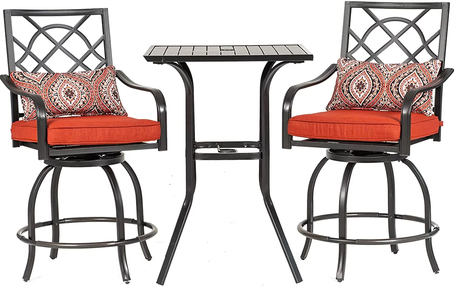 SUNCROWN 3 Pieces Outdoor Bar Set Patio Metal Swivel Chairs and Steel Slat Square Table, Red