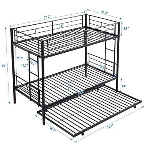EMKK Twin Over Twin Bunk Bed with Trundle,Metal Triple Bunk Beds w/Two Side Ladders & Safety Guard Rail,3 in 1 Bunk Beds for Kids Teens, No Box Spring Needed Metal Bunkbed,Can be Divided Into Two Beds