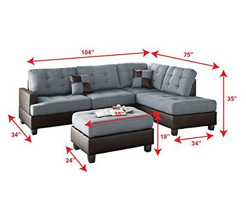Modern Grey Linen-Like Fabric Reversible Sectional Sofa Chaise Ottoman Set with 2 Accent Pillows